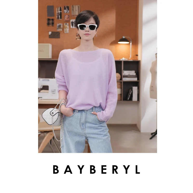 BAYBERYL老贝莫奈紫*羊绒细薄柔肤圆领瘦秋针织衫9ZZS5G2624-7/27