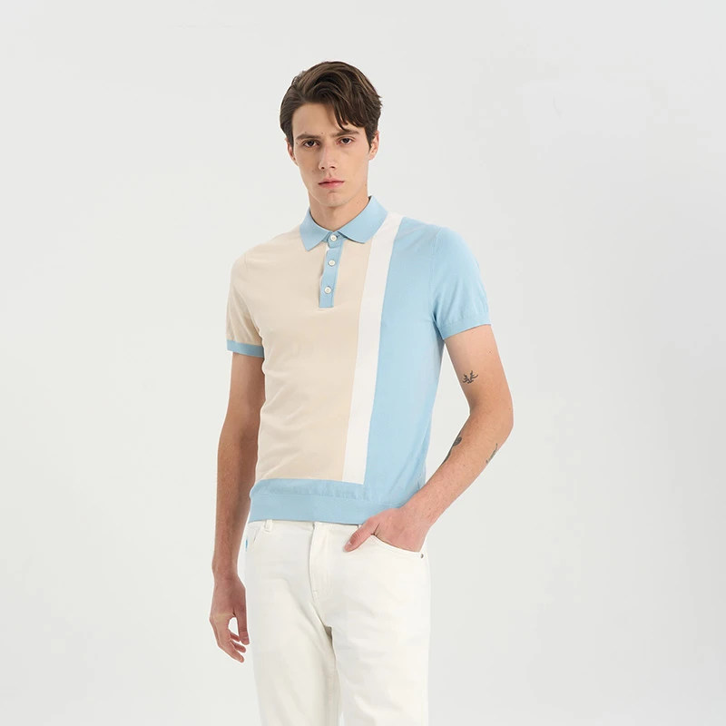 RARE威雅男装春夏新款白灰咖拼接撞色休闲通勤翻领短袖毛衫T恤