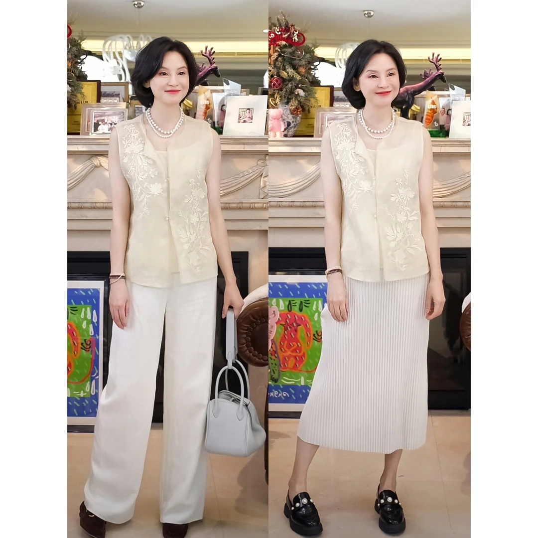 我是摩羯 黄玫瑰马甲100桑蚕丝欧根纱万针绣花侧开叉夏外套吊带