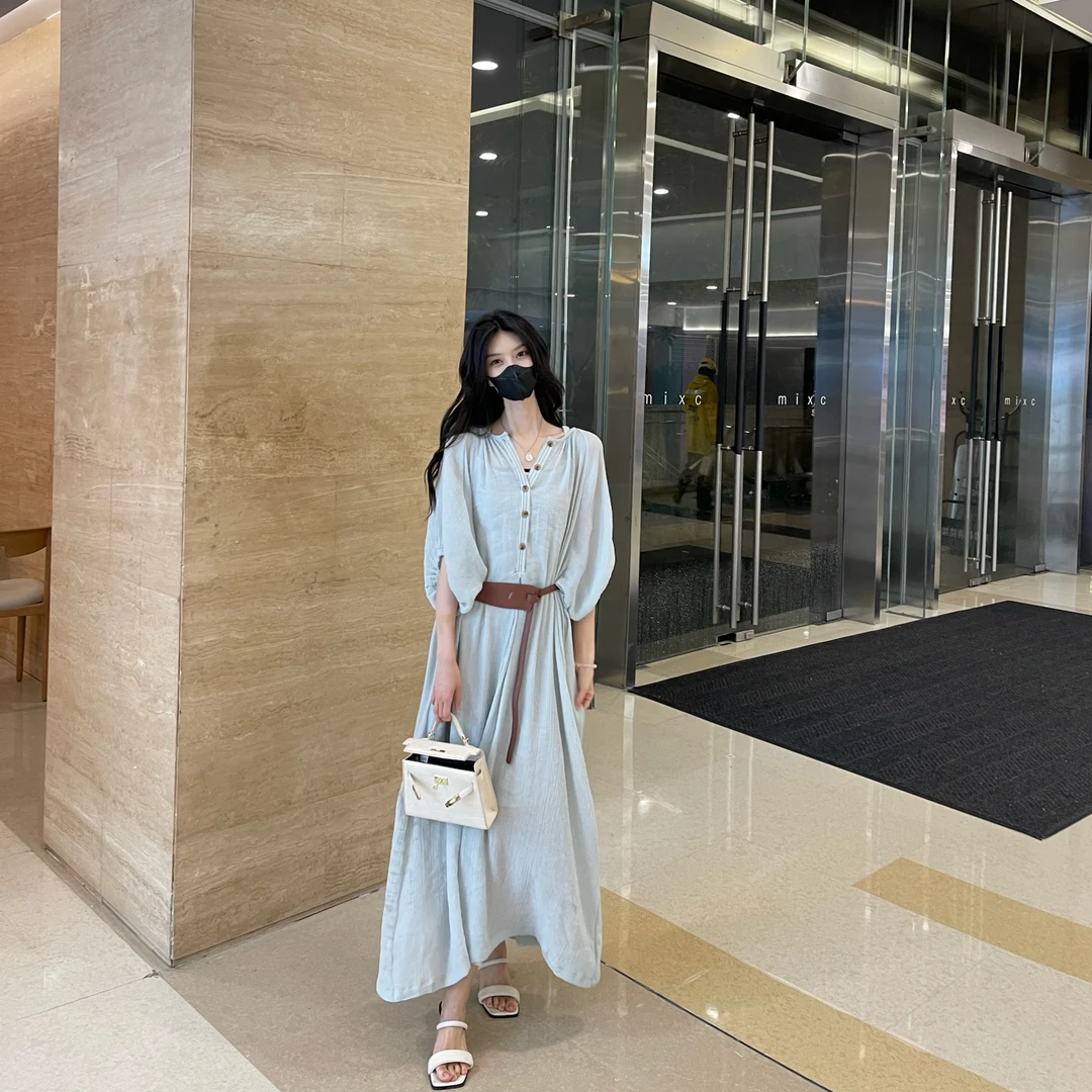 Liixu度假风半袖连衣裙女夏季宽松显瘦长裙套装24Q070