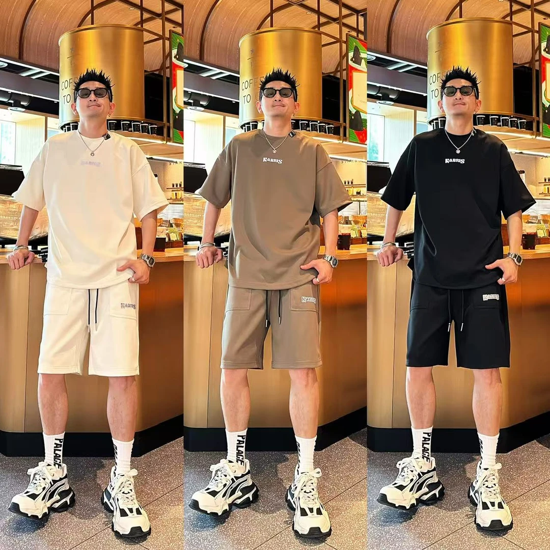 夏季宽松简约个性时尚潮流字母贴皮高级感男士短袖短裤休闲套装