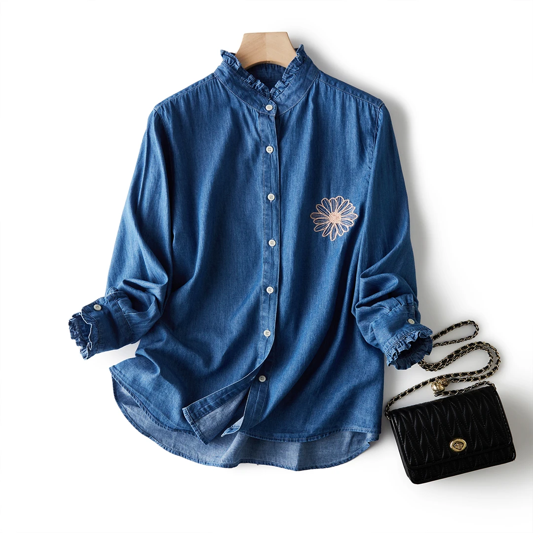 门店42&9！重工雏菊刺绣！全棉舒适木耳边牛仔女式衬衫 L72822