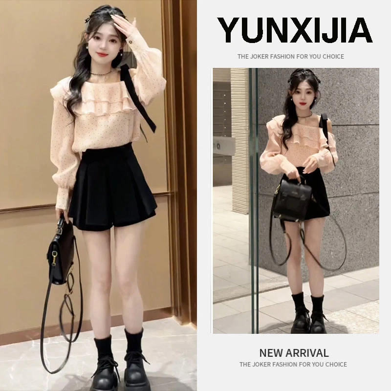 2025春季穿搭一整套女新款韩版露肩波点上衣显瘦百搭百褶裙两件套