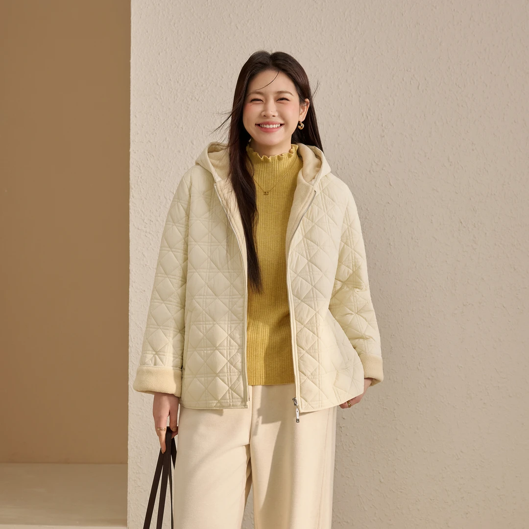 【加绒保暖棉服】纤莉秀大码女装流光风米字格间棉连帽外套QK3311