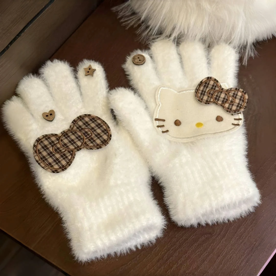 复古文艺kitty格子保暖手套新款可爱少女心百搭猫咪纽扣分指手套