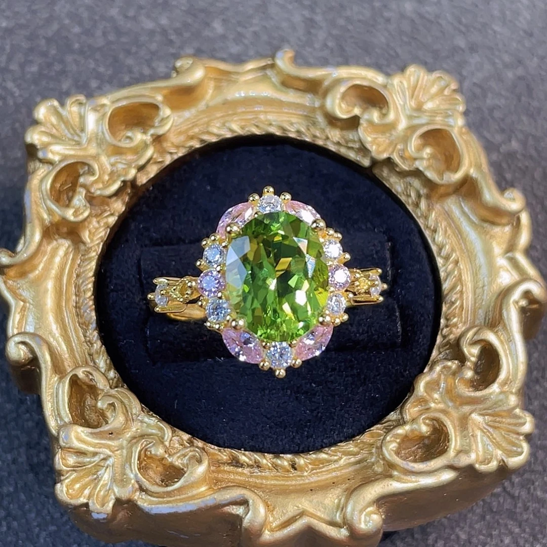 橄榄石银S925镀金镶嵌戒指