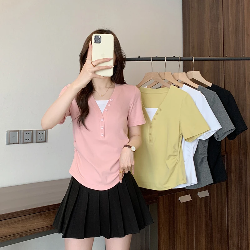 2025夏装新款胖mm大码女百搭简约撞色收腰弧形短袖T恤33627