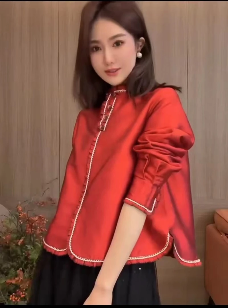 厚款直襟长袖立领上衣秋季加绒圆领百搭国风短款女装时尚加厚