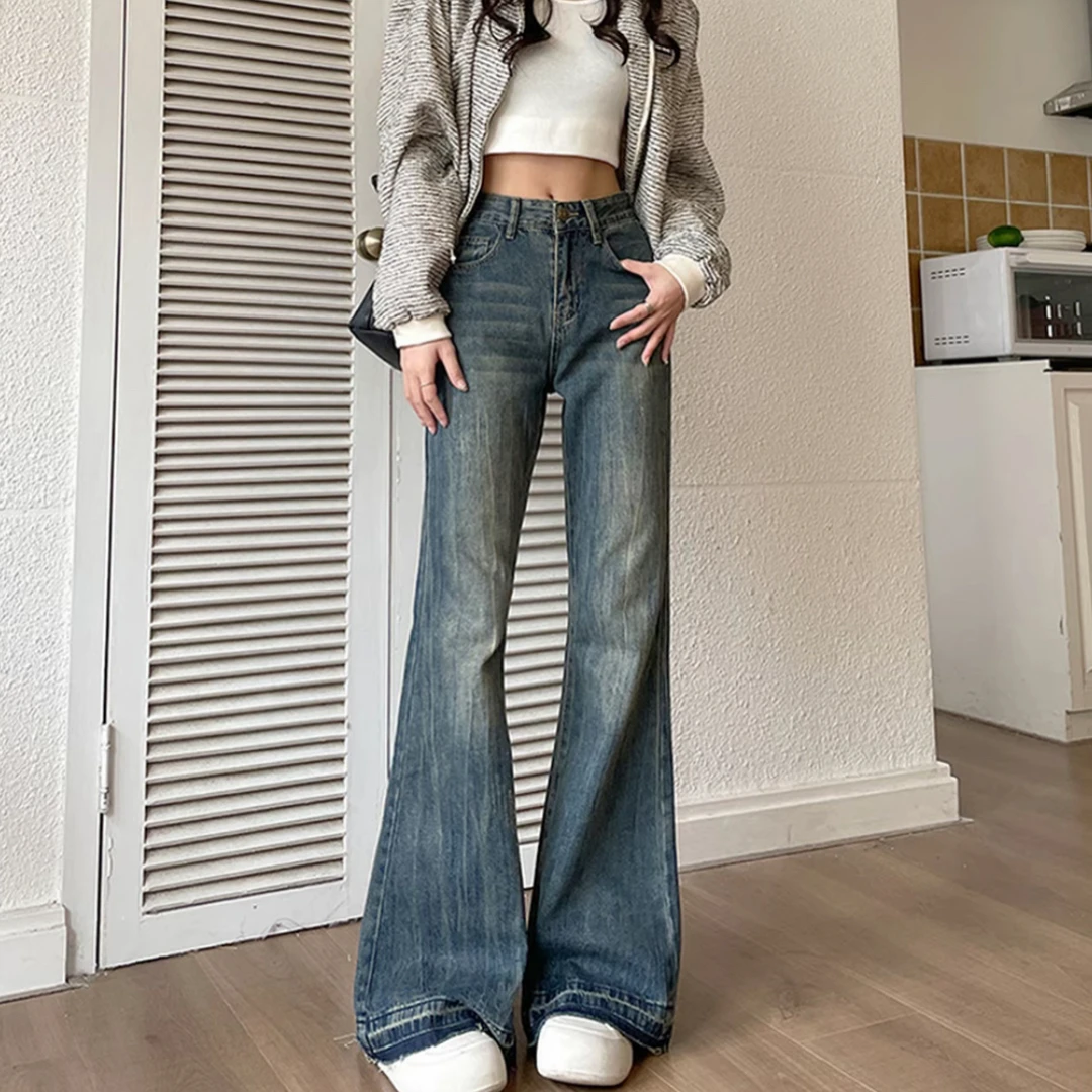 大码毛边微喇牛仔裤子女款胖mm显瘦小个子梨型身材穿搭高腰阔腿裤