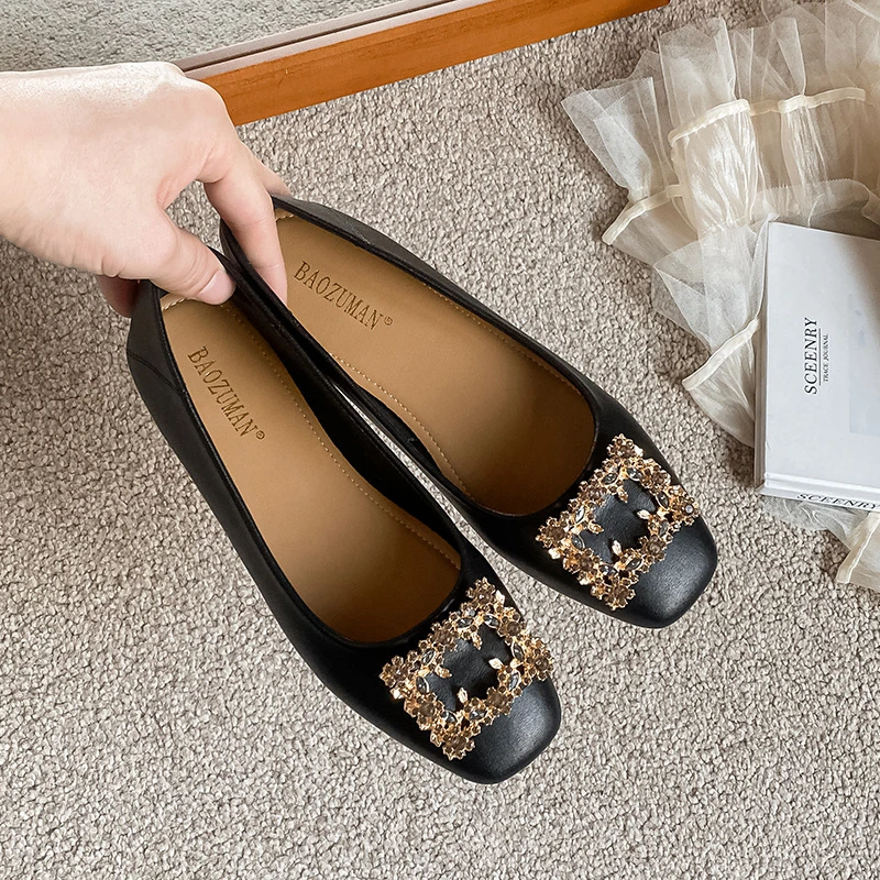 法式软皮软底单鞋女新款方头水钻浅口百搭妈妈鞋妈妈鞋软底不累脚