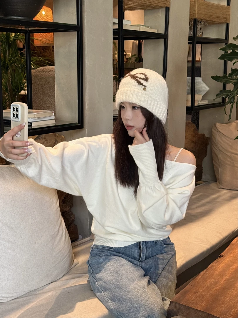 新款蝴蝶结提花针织帽秋冬季时尚百搭帽子女款大头围显脸小毛线帽