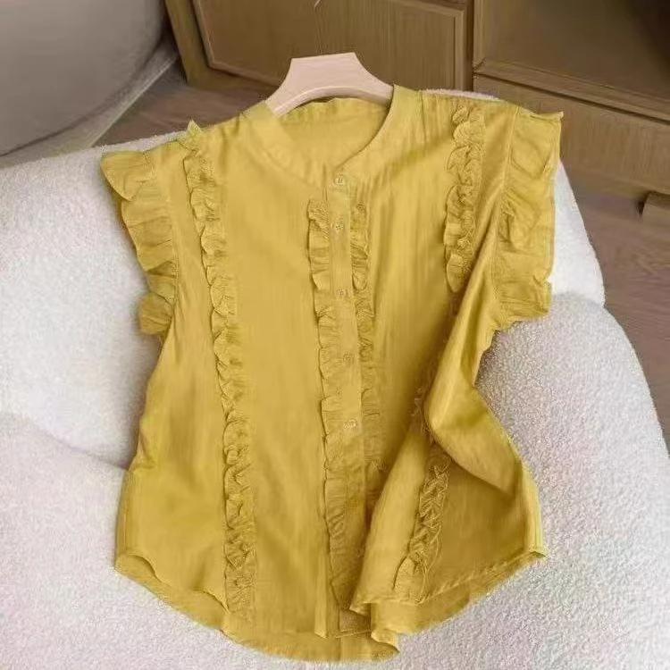 2025法式木耳边衬衫夏季新款轻薄透气设计感时尚百搭单排扣小衫