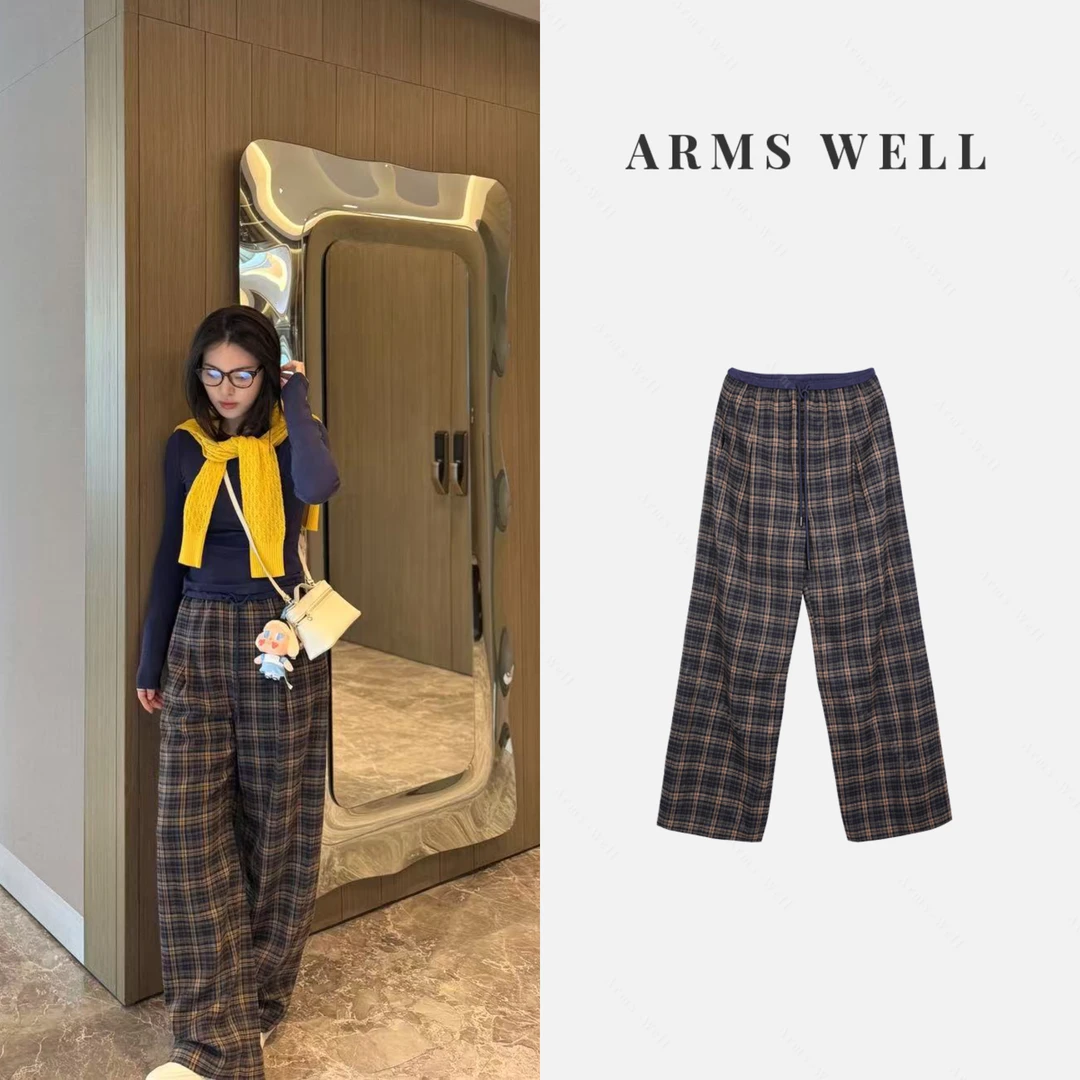 ARMS WELL王囡囡 格子拼藏蓝撞色格子抽绳松紧直筒休闲裤 L139