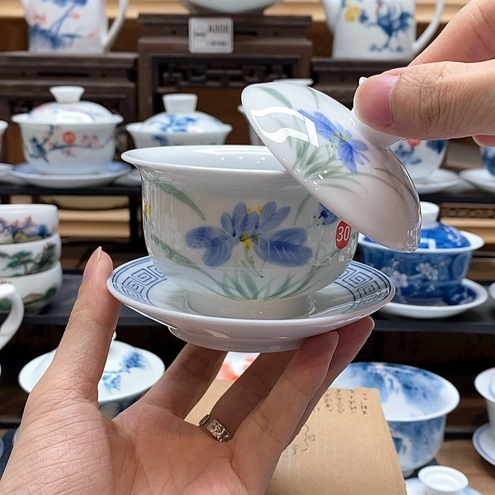 手绘蝴蝶兰盖碗160cc三才釉下彩微瑕福利款