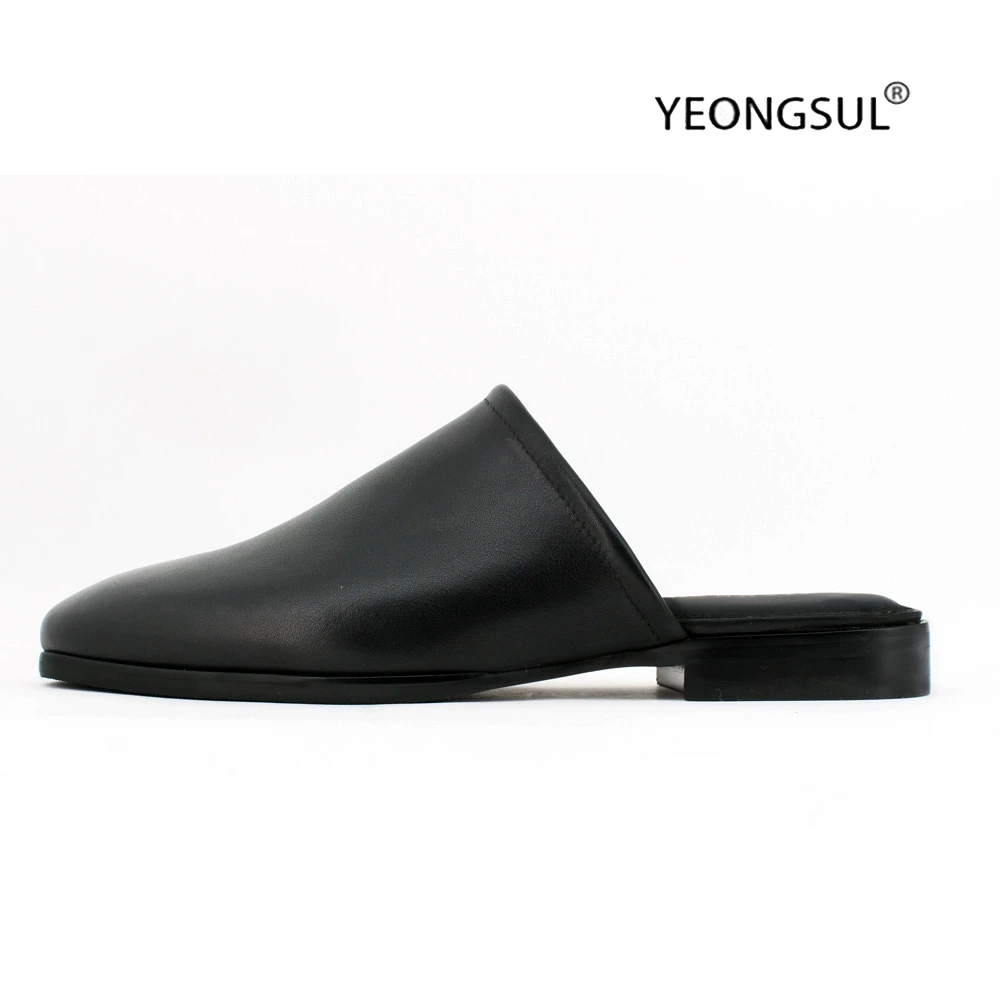 全粒面牛皮包头半拖鞋男办公室拖鞋木跟款内外全牛皮