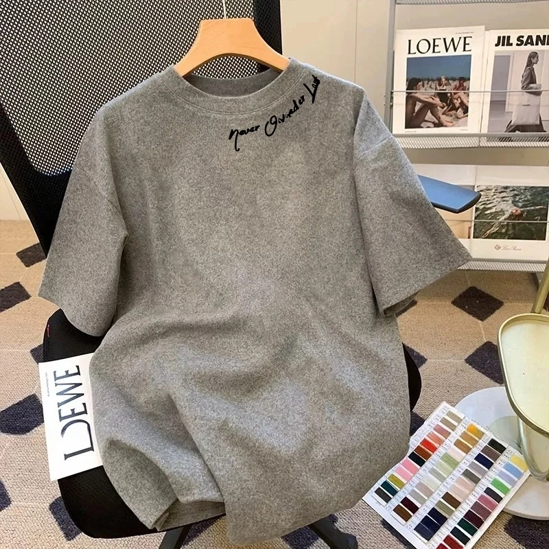 夏季新款100%纯棉灰色美式印花字母短袖t恤男女ins潮宽松圆领半袖