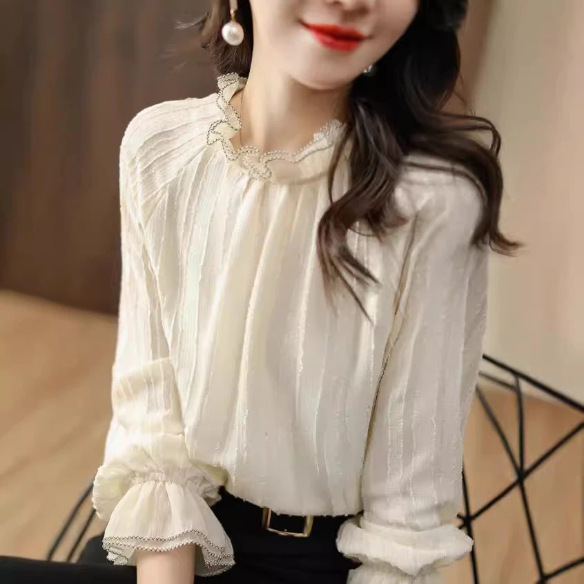 外贸2025秋季新品秋装法式气质休闲简约韩版时尚蕾丝宽松显瘦衬衫