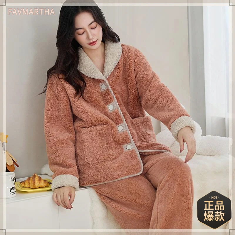 2025季青果领贴布扣茶色女简约保暖翻领外穿睡衣套装