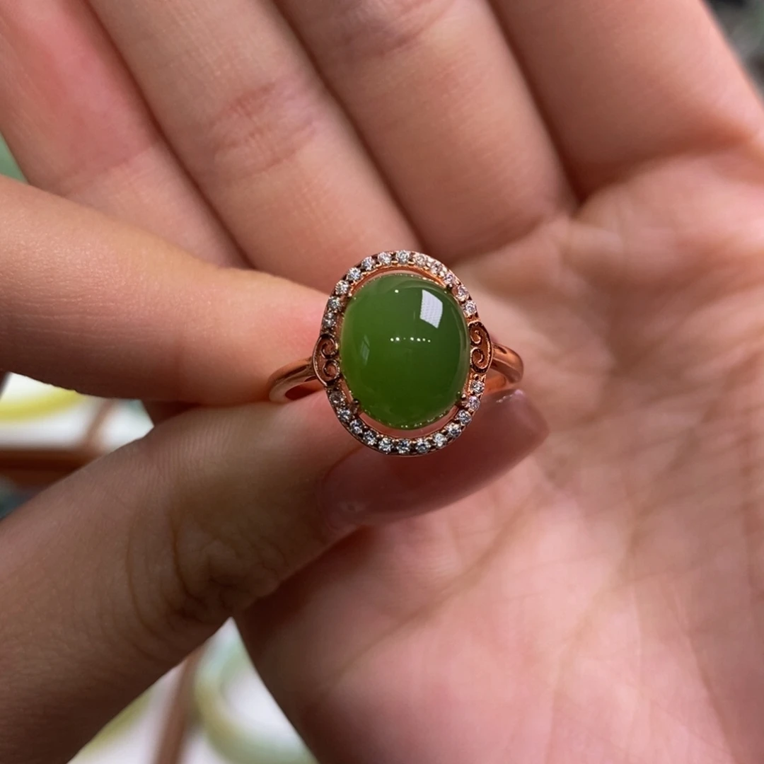 银S925镀金镶嵌手镯和田玉碧玉冰底果绿戒指