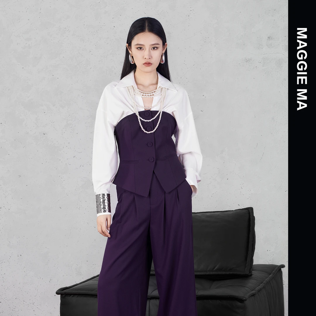 MAGGIE MA 马婧设计师款紫色拼接干练气质修身套装528S/527P