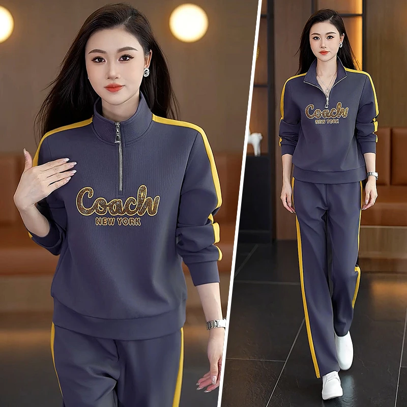 休闲运动服套装女春秋2025新款洋气妈妈减龄显瘦宽松半拉链两件套