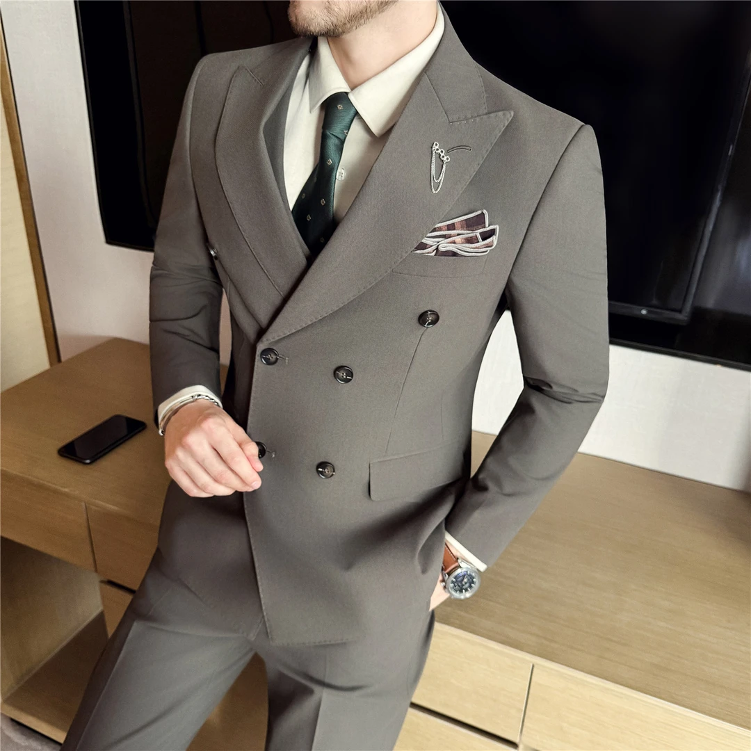 高定2025秋季英伦双排扣西装男套装结婚新郎礼服绅士商务休闲正装