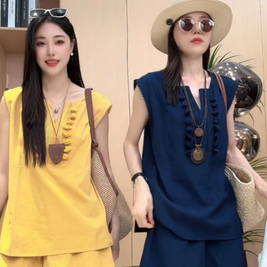 现货+运费险 专柜品质亚麻极简老钱风超显无袖上衣搭配短裤套装