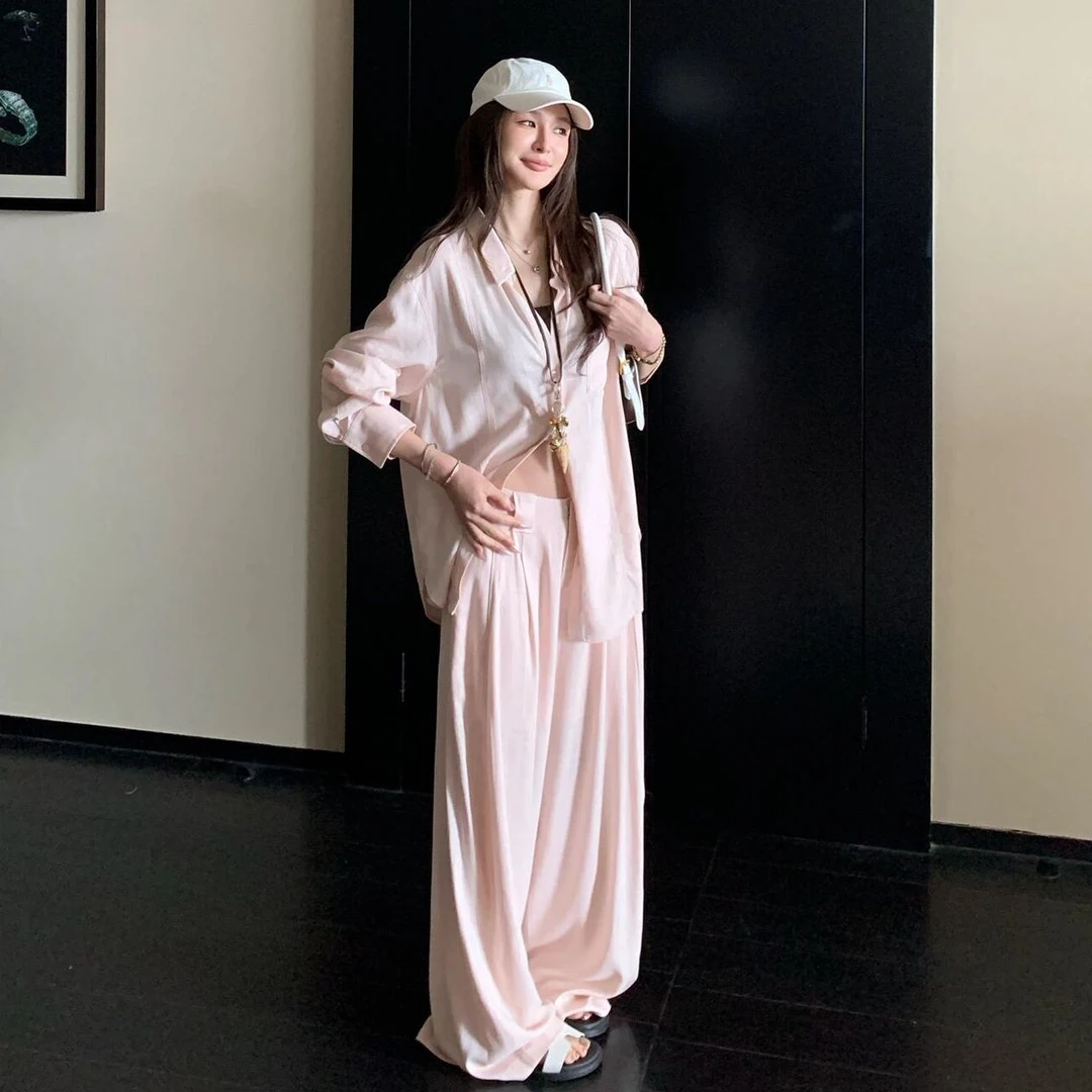 粉色老钱风凉感睡衣套装女夏季2025新款大码长袖长裤家居服可外穿