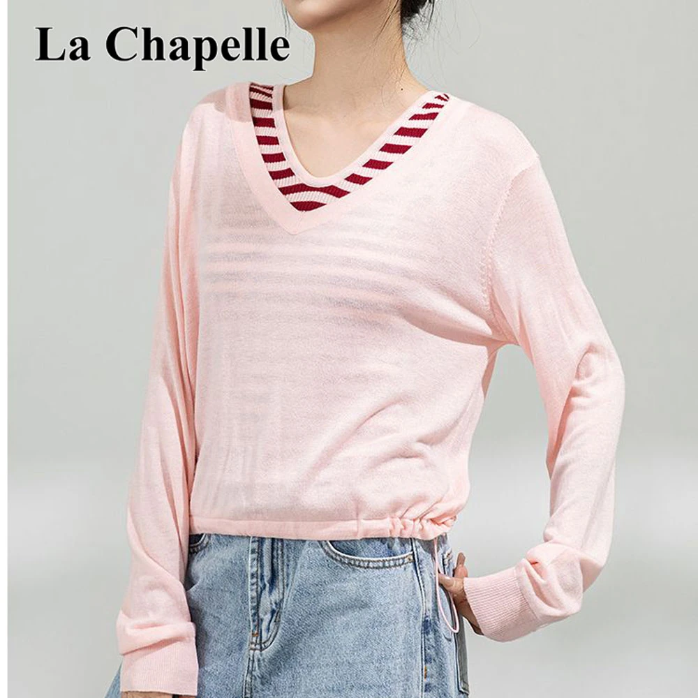 拉夏贝尔2025秋冬两件薄款套头V领显瘦内搭条纹背心针织衫上衣女
