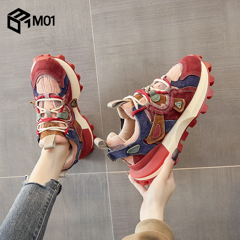 M01复古拼色爆款华夫阿甘鞋女2025秋季新款网红老爹鞋增高运动鞋