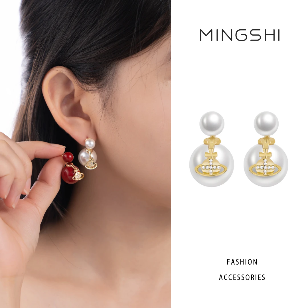 名式 铜合金仿珍珠耳饰 轻奢高级感独特镶嵌土星珠珠耳环QJD1373