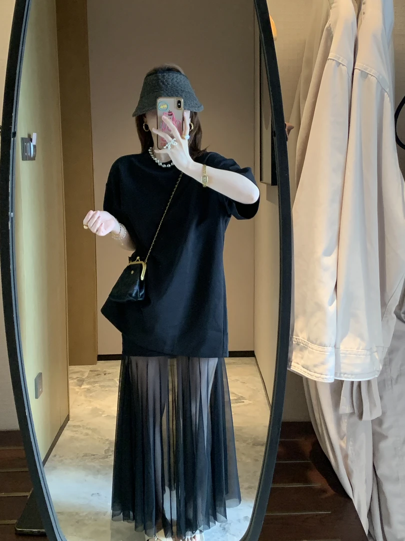 夏季新款时尚气质纯色圆领宽松短袖拼接网纱连衣裙两件套