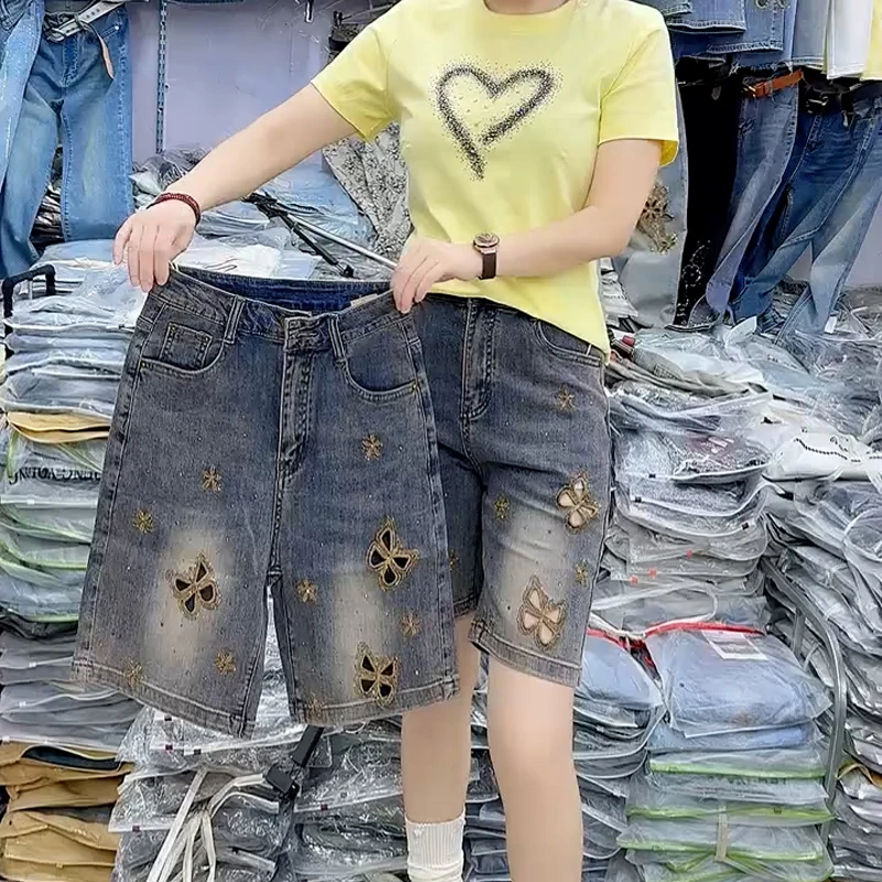 2025夏季新款高腰弹力蝴蝶镂空牛仔短裤洋气百搭设计感直筒休闲裤