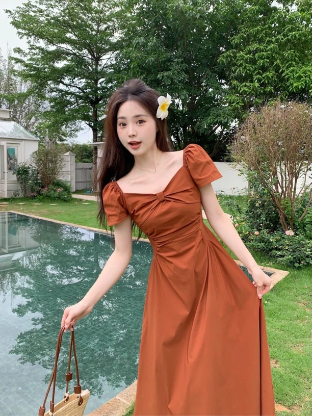 大码胖mm法式精致蝴蝶结短袖修身显瘦连衣裙夏季新款收腰长裙