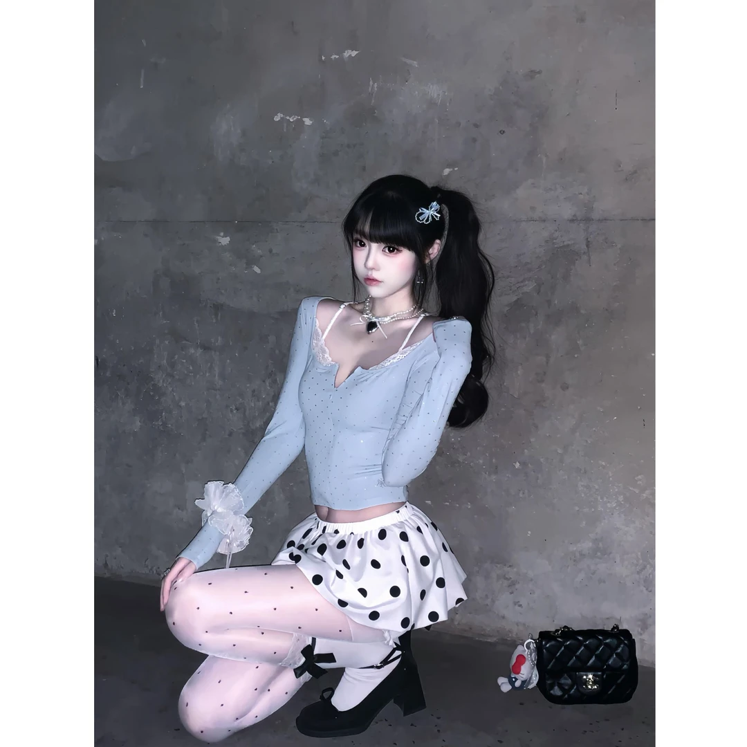 性感辣妹套装女秋冬季巨好看u领长袖上衣亮片包臀半身裙子套装