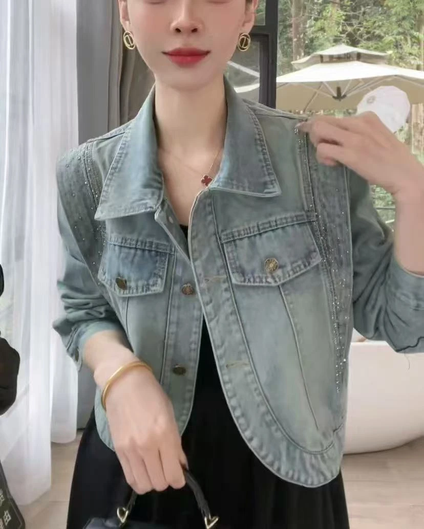 秋季新款轻奢奥钻牛仔外套女手工烫钻复古小个子上衣显瘦显高气质