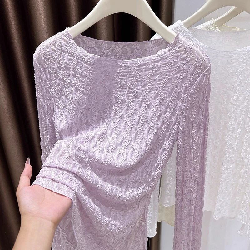 紫色洋气优雅花纹蕾丝一字领打底衫女秋下摆开叉长袖T恤网纱上衣