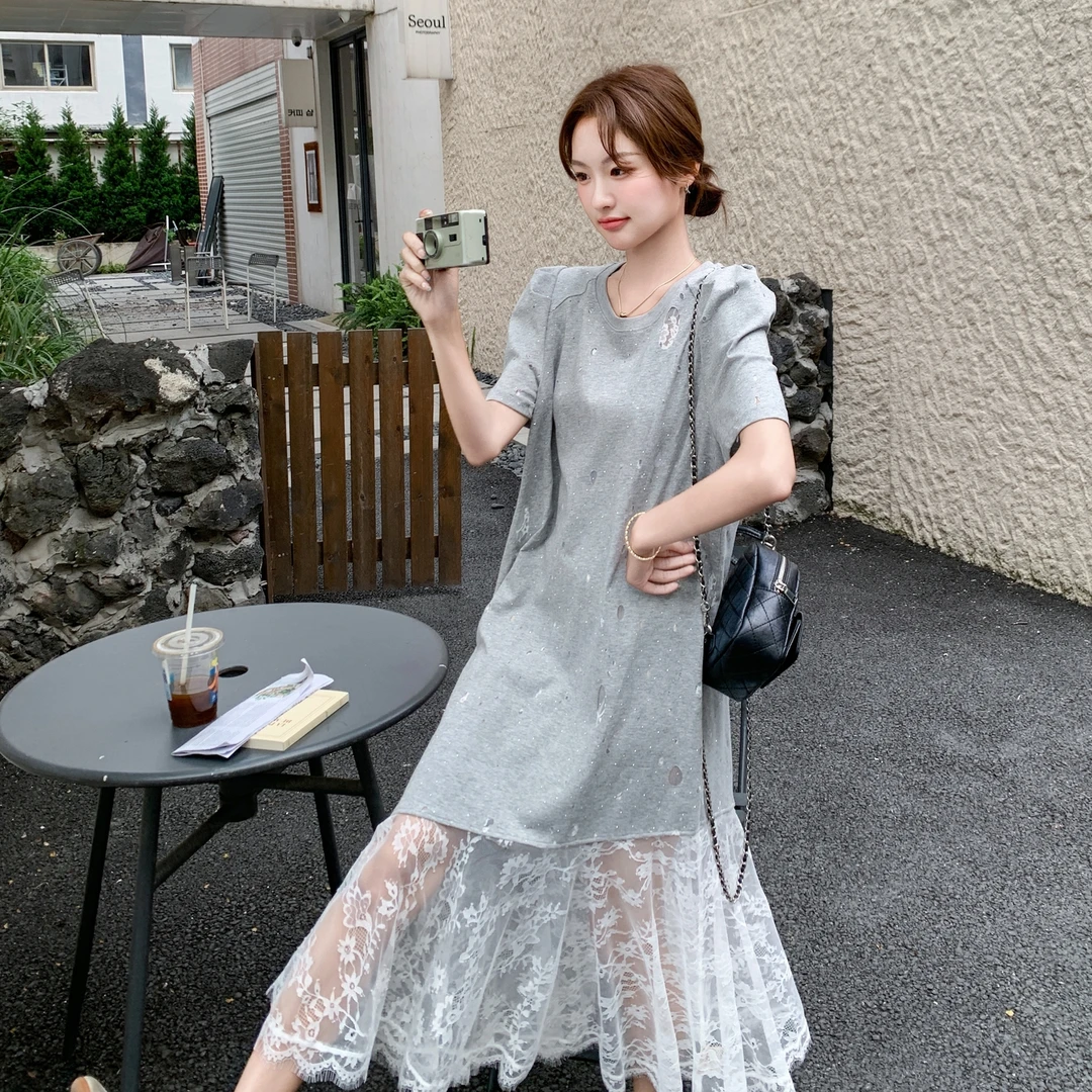 休闲2025夏季新时尚百搭韩系圆领鱼尾蕾丝拼接短袖连衣裙女潮