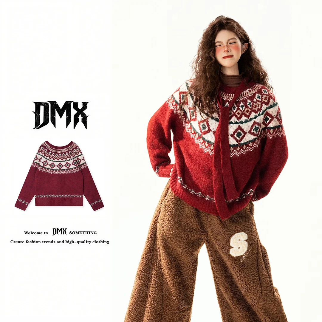 新年红色圣诞氛围毛衣男女同款圆领套头宽松百搭慵懒风针织衫上衣