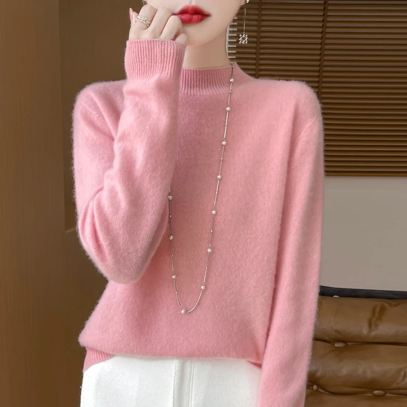 轻奢~半高领纯羊毛衫女 套头纯色大码毛衣长袖宽松针织打底衫N384