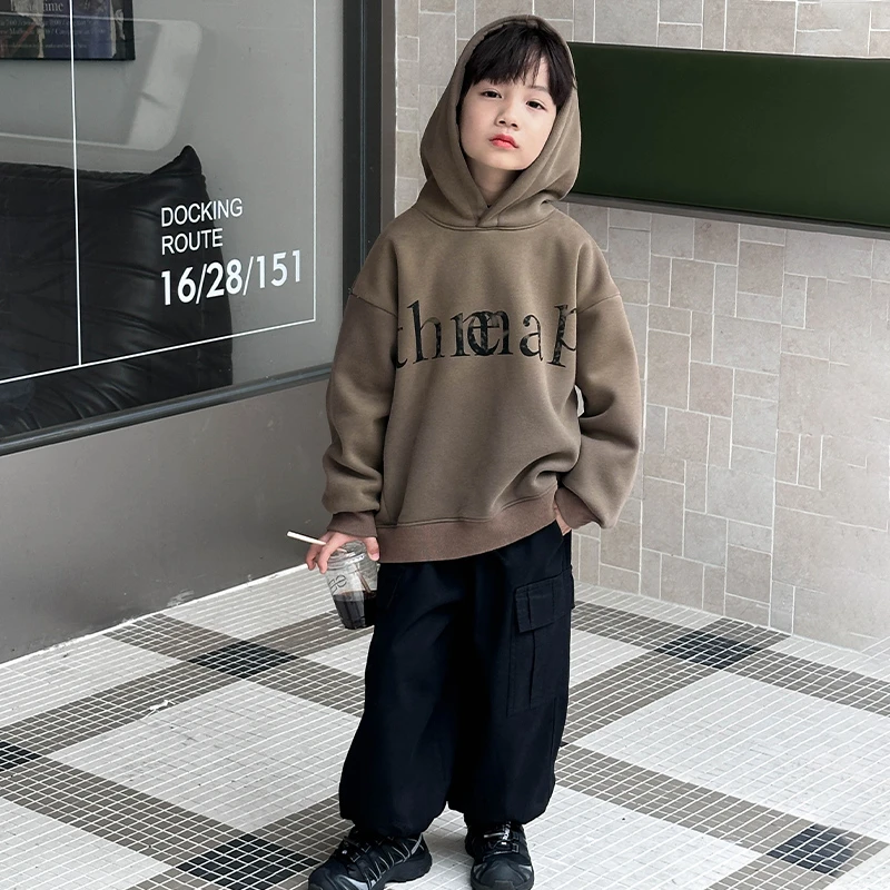 儿童秋冬装男童卫衣加绒加厚宝宝冬季新款一体绒连帽上衣8148