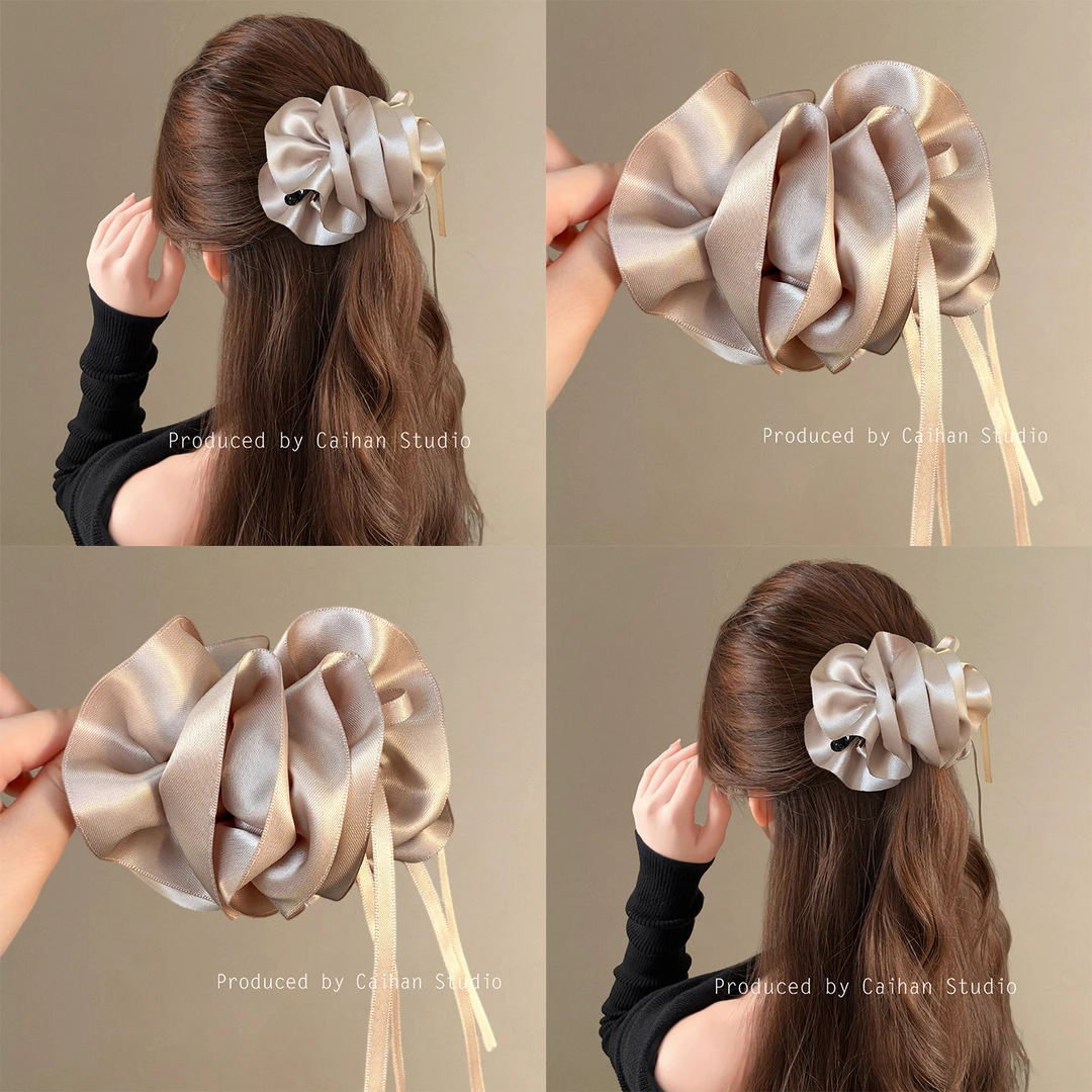 落日收藏~韩系复古立体缎面褶皱香蕉夹后脑勺马尾夹旅行发卡
