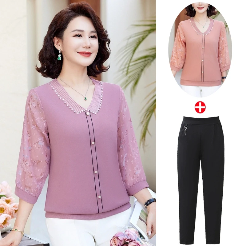 新款妈妈春装针织T恤衫洋气七分纱袖上衣中老年女春秋薄打底小衫