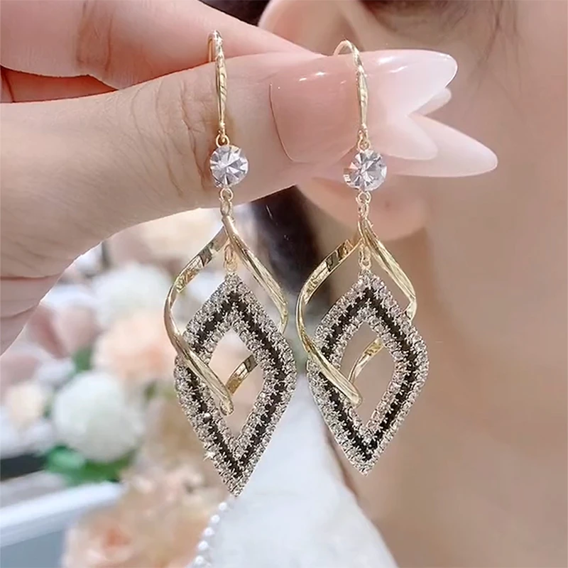 铜合金合成锆石耳饰 气质几何菱形耳环网红夸张大气耳坠时尚耳饰