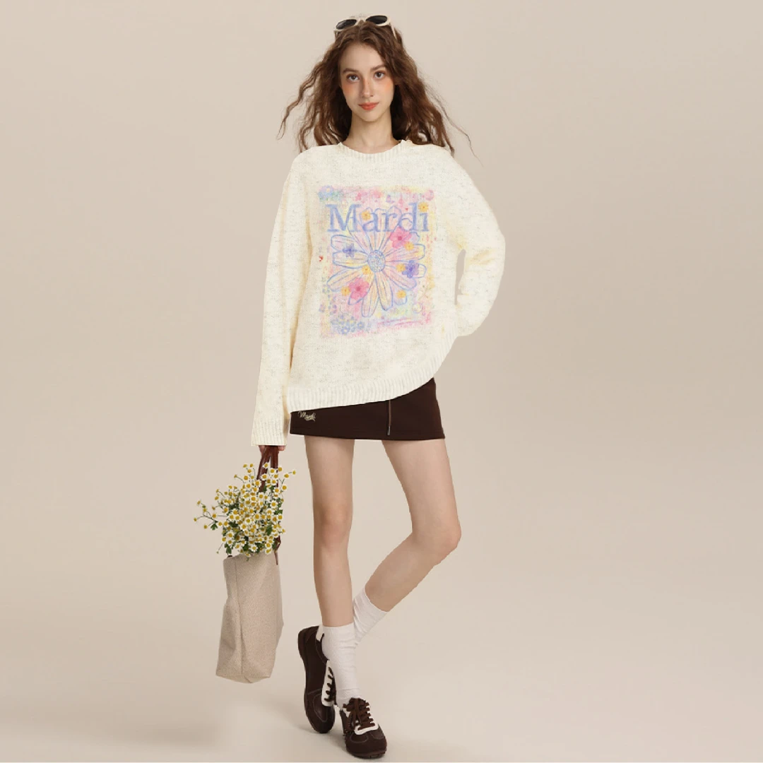 Mardi秋季新款保暖领毛衣宽松纯色秋冬白色圆领打底衫彩雏菊针织