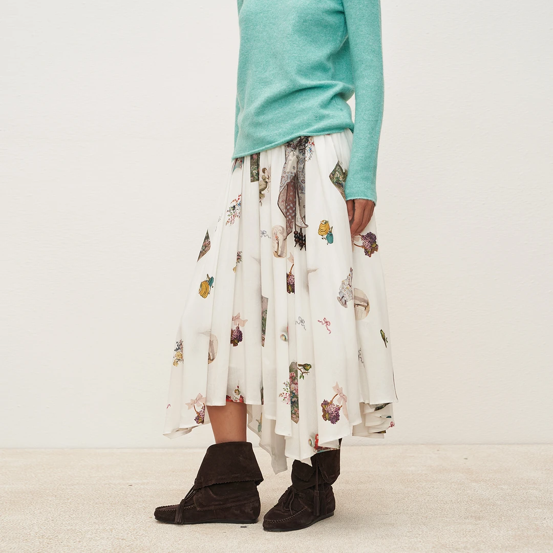 The enes boutique法式宫廷印花不规则下摆半身裙女休闲长裙A字裙