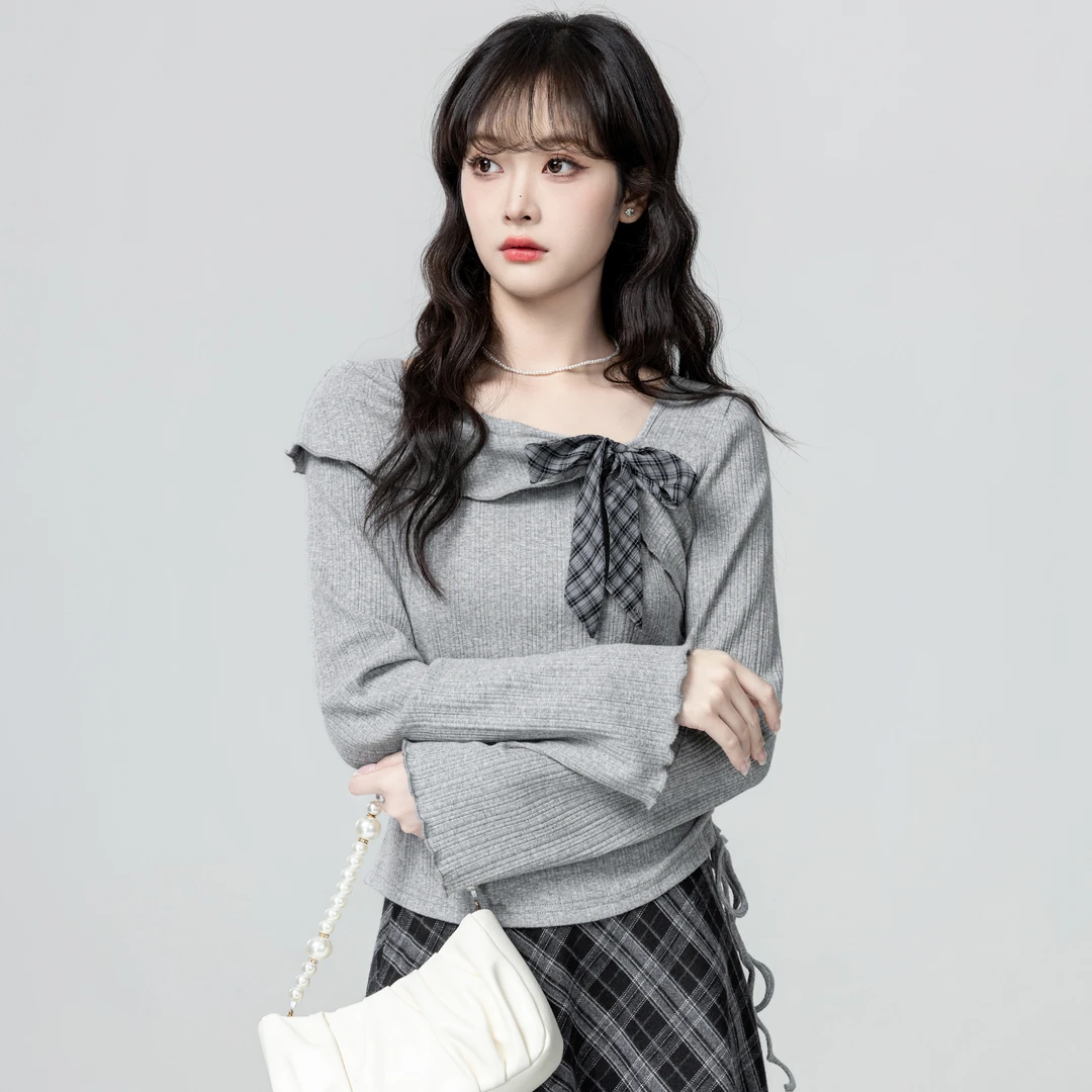 灰色斜领长袖T恤女春秋2025秋季新款蝴蝶结绑带抽绳收腰短款上衣