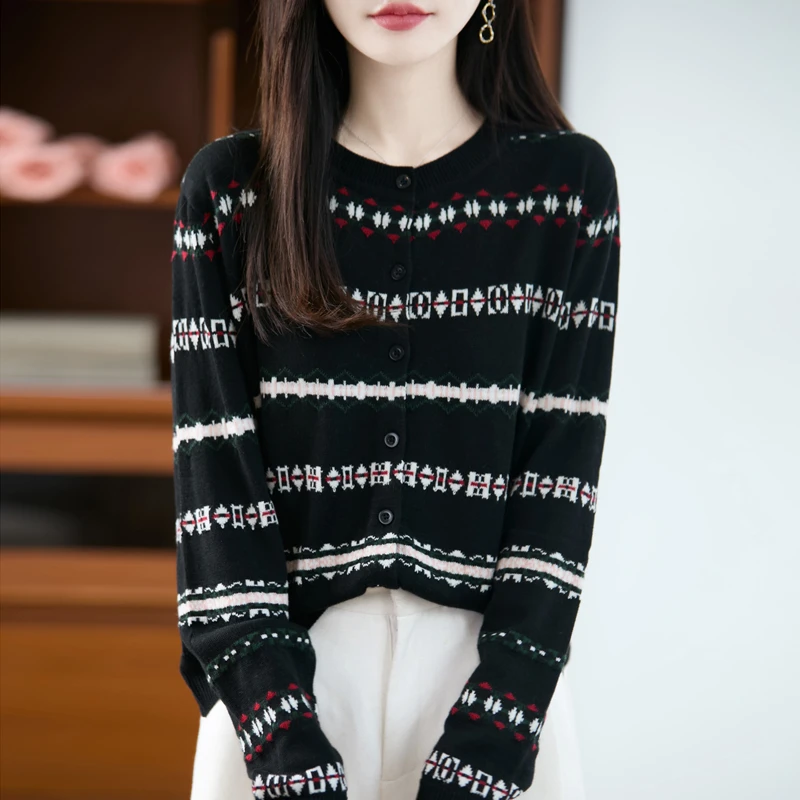 正品哥弟新款羊毛开衫痞帅炸街风女装2025洋气秋冬圆领条纹毛衣服