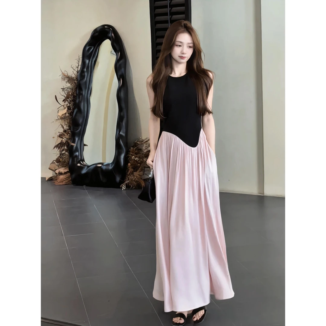 法式无袖拼接收腰无袖连衣裙女2025夏季新款时尚气质修身显瘦长裙