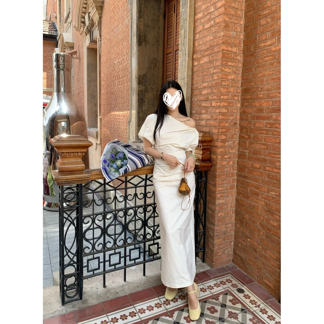 2025年夏季新款法式气质斜肩两穿短袖长短款连衣裙知性风温柔女装